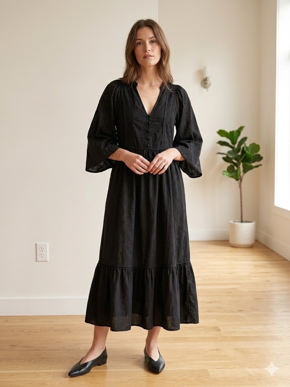 Old Navy Black Embroidered Boho Dress Cottagecore Peasant Sleeve Tiered Small